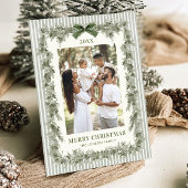 Funky Sage Green Pine Bow Frame Christmas 2 Photo Feestdagenkaart