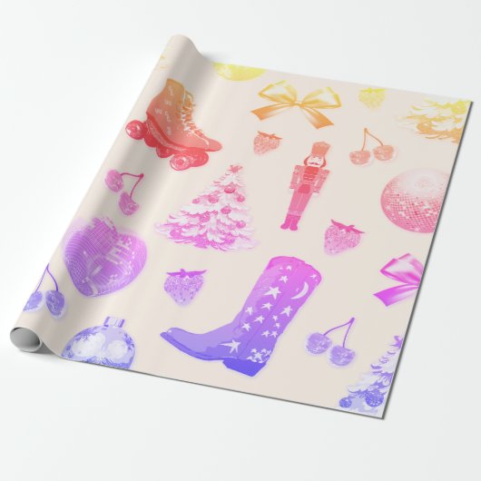 Funky Schattige Meisje Roze Kerstpatroon Cadeaupapier (Uitgerold)