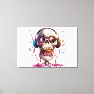 💀🍦 Funky Schedel met Koptelefoon Kunstprint 🍦💀 Canvas Afdruk