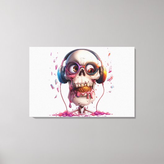 💀🍦 Funky Schedel met Koptelefoon Kunstprint 🍦💀 Canvas Afdruk (Voorkant)