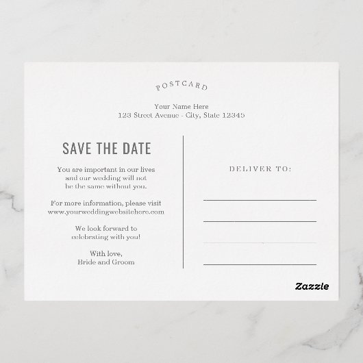 Funky schrijf folie Save The Date ansichtkaart Folie Uitnodiging Briefkaart (Achterkant)