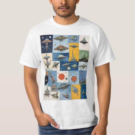 Funky Sci-Fi Retro Alien Ruimteschip T-shirt (Voorkant)