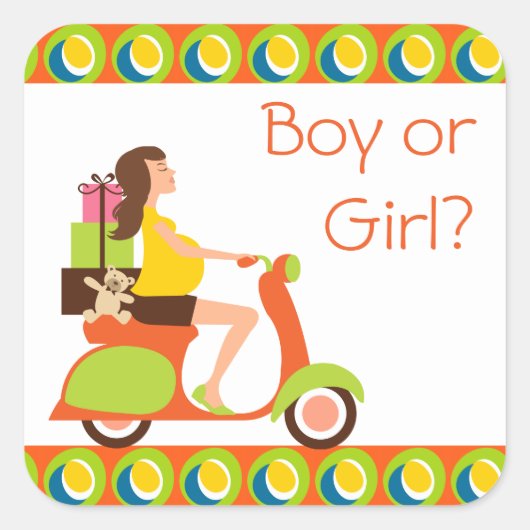 Funky scooter mam naar gender onthullen partij vierkante sticker (Voorkant)