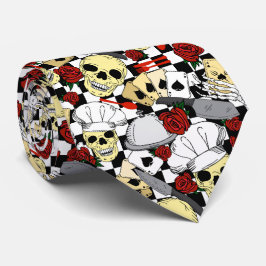 Funky Skulls Red Roses Checkered Chef Pattern Stropdas