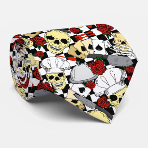Funky Skulls Red Roses Checkered Chef Pattern Stropdas