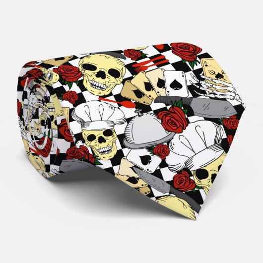 Funky Skulls Red Roses Checkered Chef Pattern Stropdas (Opgerold)