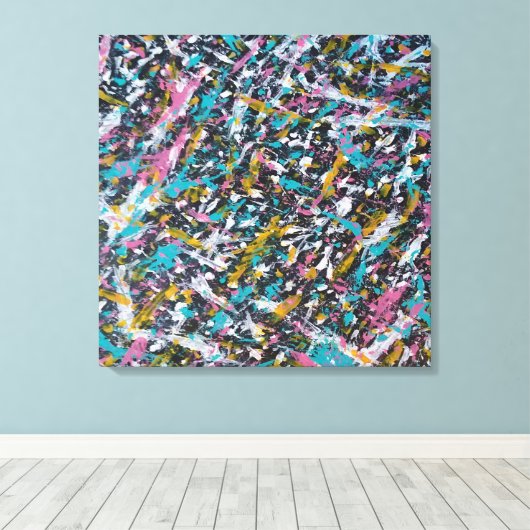 Funky Splatter Art over Black Canvas Afdruk (Insitu (Houten vloer))