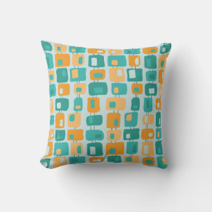 Funky Squares Retro Patroon Aqua, Teal, Oranje Kussen