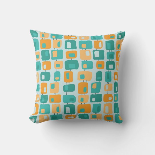 Funky Squares Retro Pattern Aqua, Blauwgroen, Sina Kussen (Voorkant)