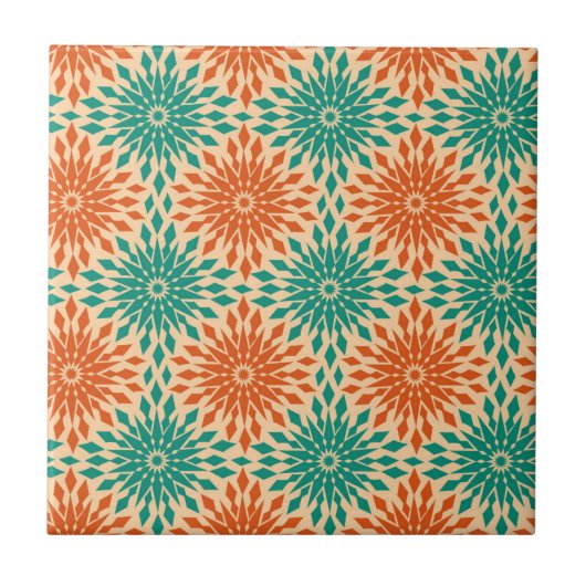Funky Starburt Blauwgroen en Oranje design Tegeltje (Voorkant)
