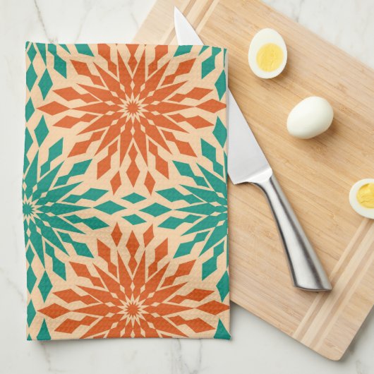 Funky Starburt Blauwgroen en Oranje design Theedoek (Quarter Fold)