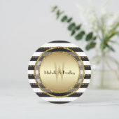 Funky Stripes Black White & Gold Round Wedding Kaart (Staand voorkant)