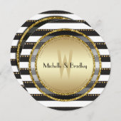 Funky Stripes Black White & Gold Round Wedding Kaart (Voorkant / Achterkant)
