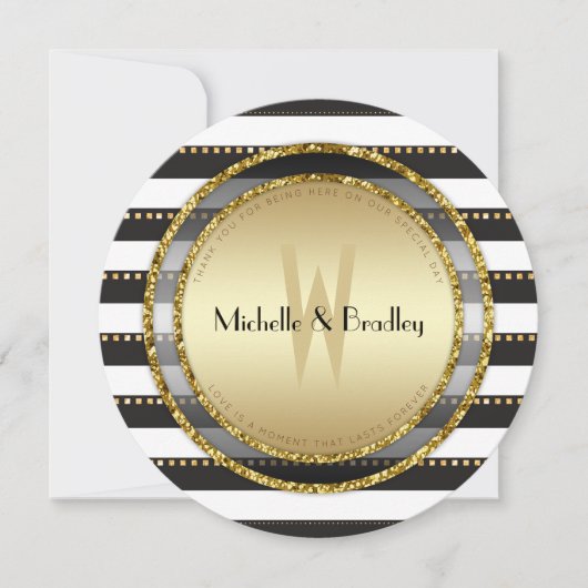 Funky Stripes Black White & Gold Round Wedding Kaart (Voorkant)