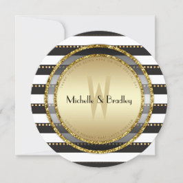 Funky Stripes Black White & Gold Round Wedding Kaart