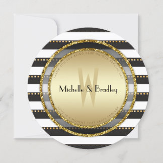 Funky Stripes Black White & Gold Round Wedding Kaart