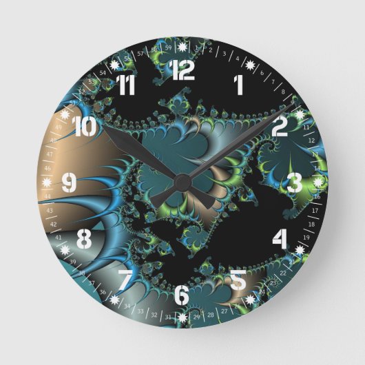 Funky Swirling Spirals Blauwgroen zwarte fractale  Ronde Klok (Voorkant)