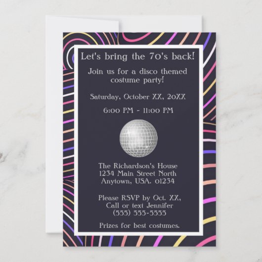 Funky Swirls Disco Theme 70's Party Kaart (Achterkant)