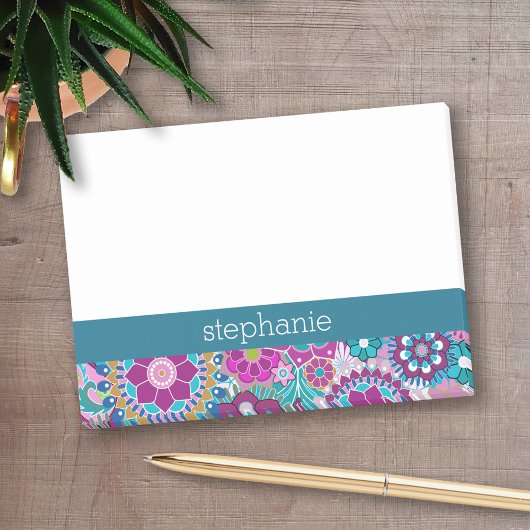 Funky Teal and Pink Floral Pattern - Add Name Post-it® Notes