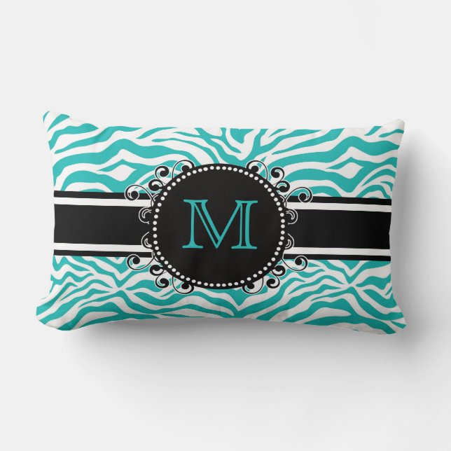 Funky Teen of Tween BLUE Zebra Print met monogram Kussen (Voorkant)