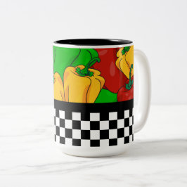 Funky Tri Colored Peppers and Checkerboard Tweekleurige Koffiemok