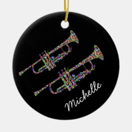 Funky trumpet persoonlijke naam zwart-roze keramisch ornament