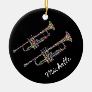 Funky trumpet persoonlijke naam zwart-roze keramisch ornament