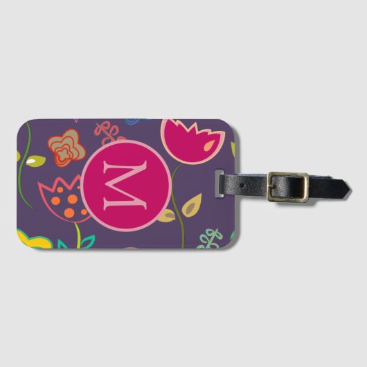 Funky Tulip Pattern Purple Monogram Bagagelabel (Voorkant (horizontaal))