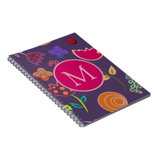 Funky Tulip Pattern Purple Monogram Notitieboek (Rechterzijde)