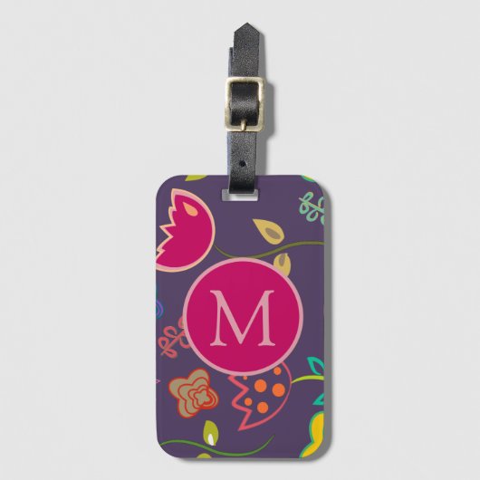 Funky Tulp Patroon Paarse Monogram Bagagelabel (Voorkant (verticaal))