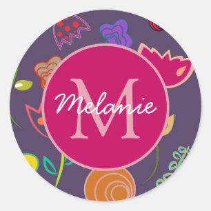 Funky Tulp Patroon Paarse Monogram Gepersonaliseer Ronde Sticker