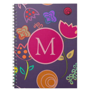 Funky Tulp Patroon Paarse Monogram Notitieboek