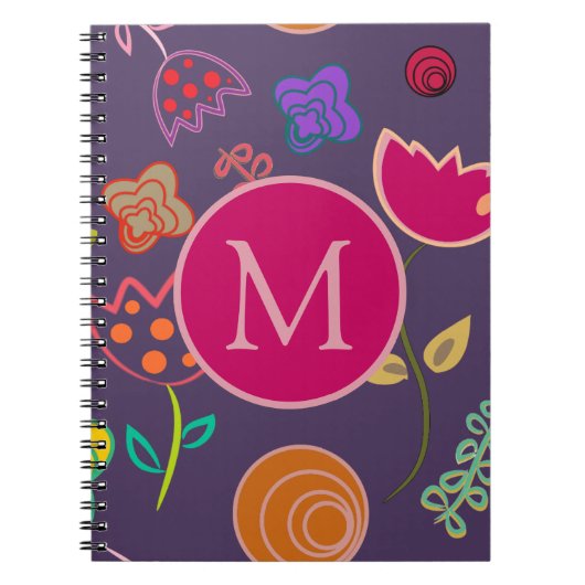 Funky Tulp Patroon Paarse Monogram Notitieboek (Voorkant)
