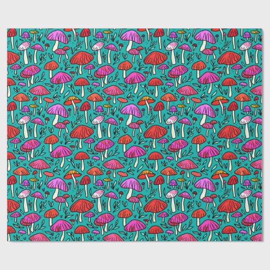 Funky Turquoise Mushroom Pattern Wrapping Paper Cadeaupapier (Vlak)