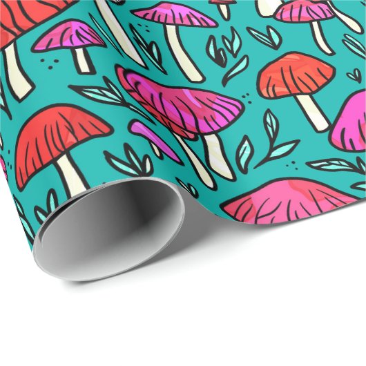 Funky Turquoise Mushroom Pattern Wrapping Paper Cadeaupapier (Rol Hoek)