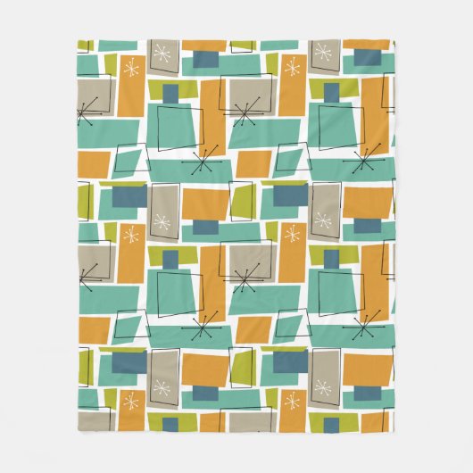 Funky Turquoise Oranje Green Squares MidCentury Fleece Deken (Voorkant)