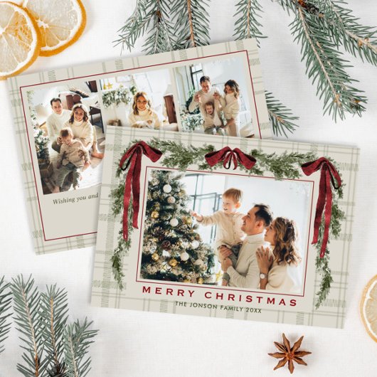 Funky Velvet Christmas Boho Red Bow 4 Photo Feestdagenkaart