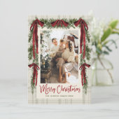 Funky Velvet Christmas Boho Red Bow 5 Photo Feestdagenkaart (Staand voorkant)