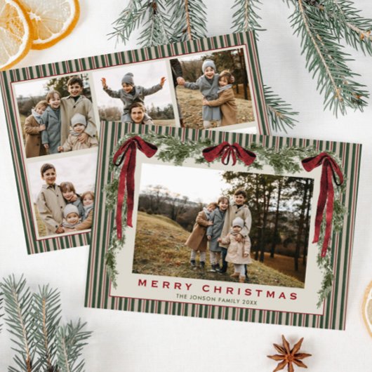 Funky Velvet Christmas Boho Red Bow 6 Photo Feestdagenkaart