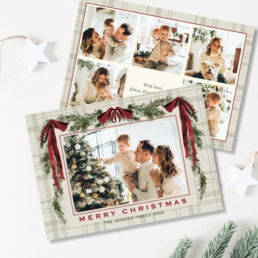 Funky Velvet Christmas Boho Red Bow 6 Photo Feestdagenkaart