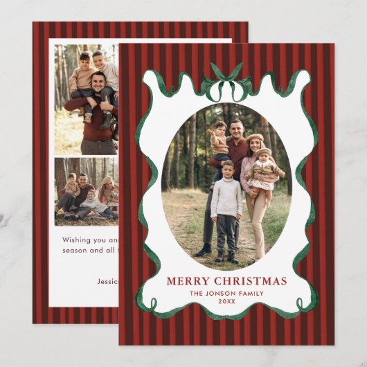 Funky Vintage Christmas Sage Bow Coquette5 Photo Feestdagenkaart (Voorkant / Achterkant)