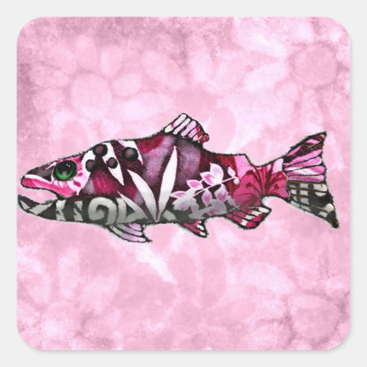 Funky Whimsical Abstracte zalm vis schilderij kuns Vierkante Sticker (Voorkant)