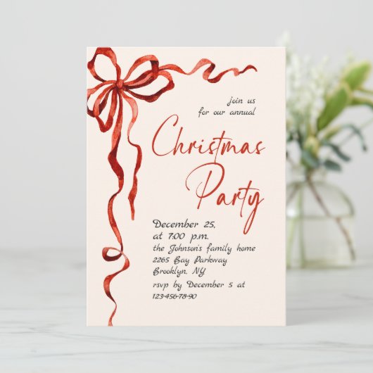 Funky Whimsical Christmas Red Bow Holiday Party Kaart (Staand voorkant)