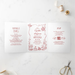 Funky Whimsical Doodles Modern Red Wedding Photo Drieluik Uitnodiging