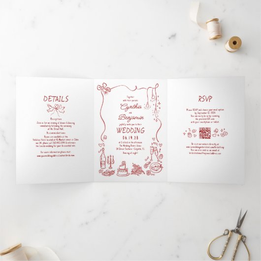 Funky Whimsical Doodles Modern Red Wedding Photo Drieluik Uitnodiging (Binnen)