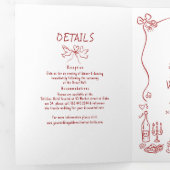 Funky Whimsical Doodles Modern Red Wedding Photo Drieluik Uitnodiging (Binnenzijde eerst)