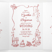 Funky Whimsical Doodles Modern Red Wedding Photo Drieluik Uitnodiging (Binnenkant midden)