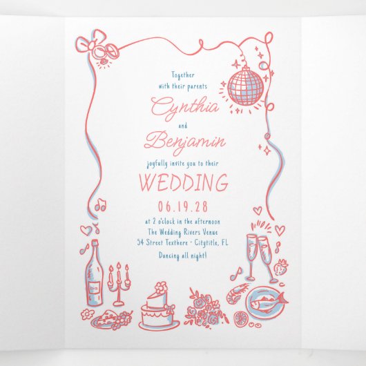 Funky Whimsical Doodles Moderne trouwfoto Drieluik Uitnodiging (Binnenkant midden)