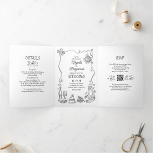 Funky Whimsical Doodles Retro Trouwfoto Drieluik Uitnodiging