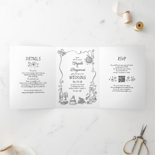 Funky Whimsical Doodles Retro Trouwfoto Drieluik Uitnodiging (Binnen)